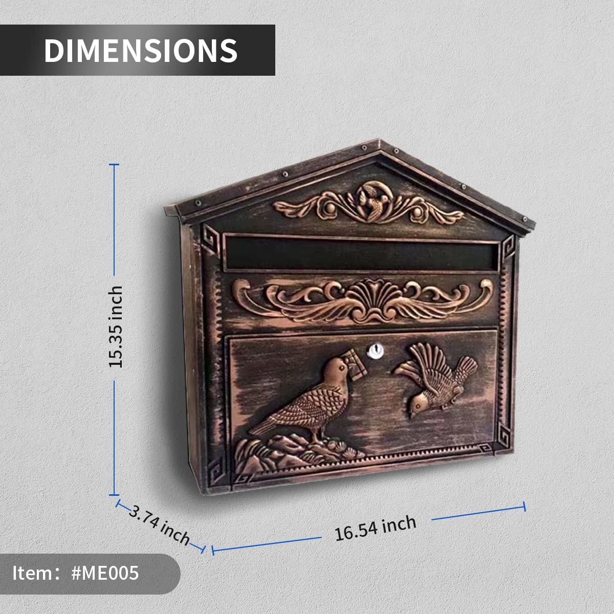 Yoocabinet Mailbox Wall Mount,Large Capacity Locking Mailbox for Outside, Rust-Proof Aluminum Hanging Secured Postbox, Security Key Drop Box,15.35 "x 16.14 "x3.54 Retro Bird