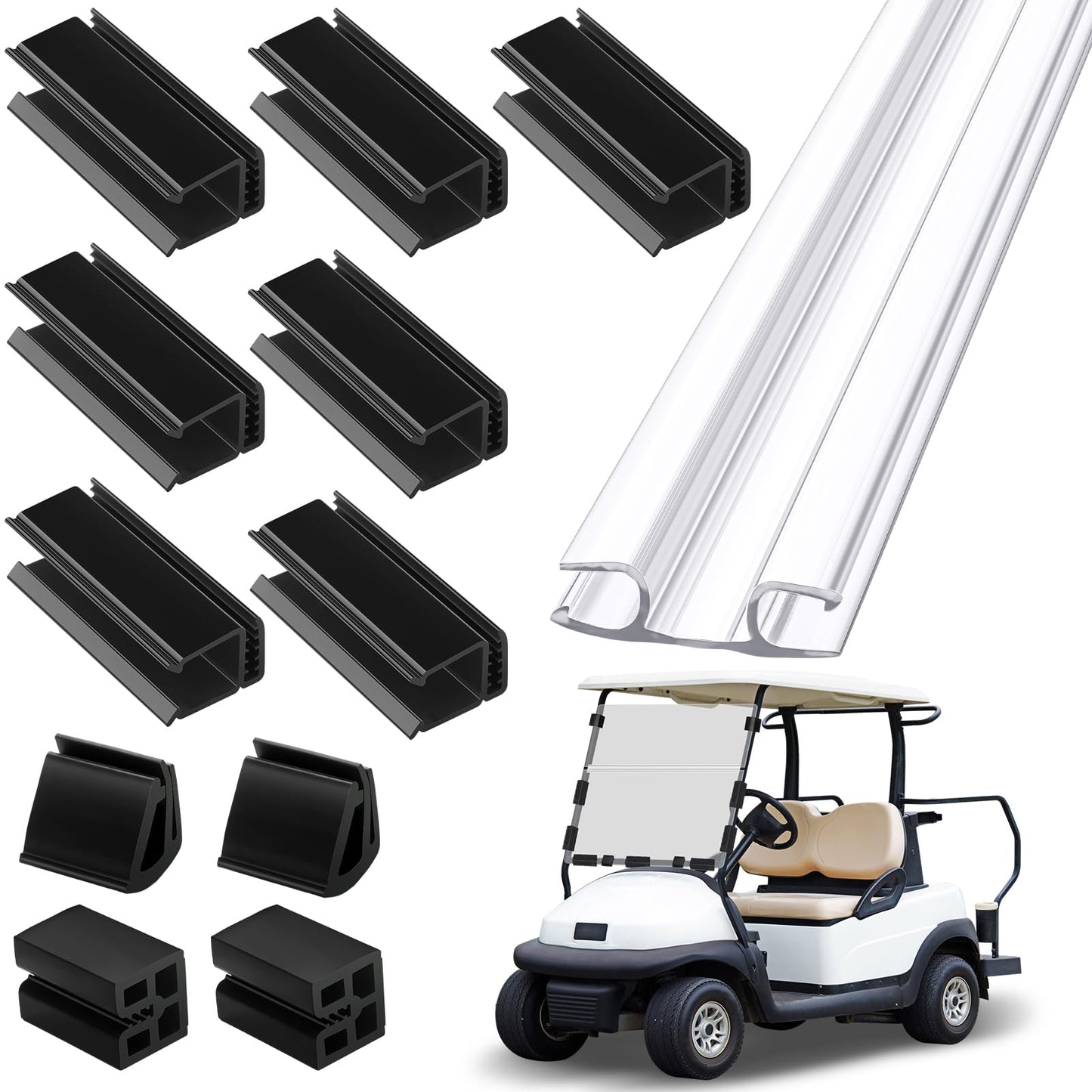Maasechs 12 Pack Golf Cart Windshield Retaining Clips Kit Include 1 Pcs 48 Inch Clear PVC Living Hinge 11 Pcs Golf Cart Window Windshield Retaining Clips Kit for 1/4" Plexiglass Material