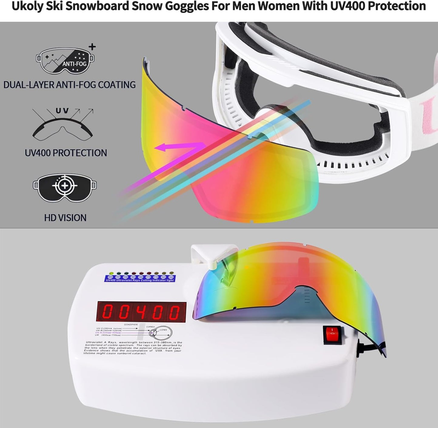 Ukoly Ski/Snowboard Goggles - HD Anti-Fog Lens, UV400 Protection, OTG Design for Men & Women