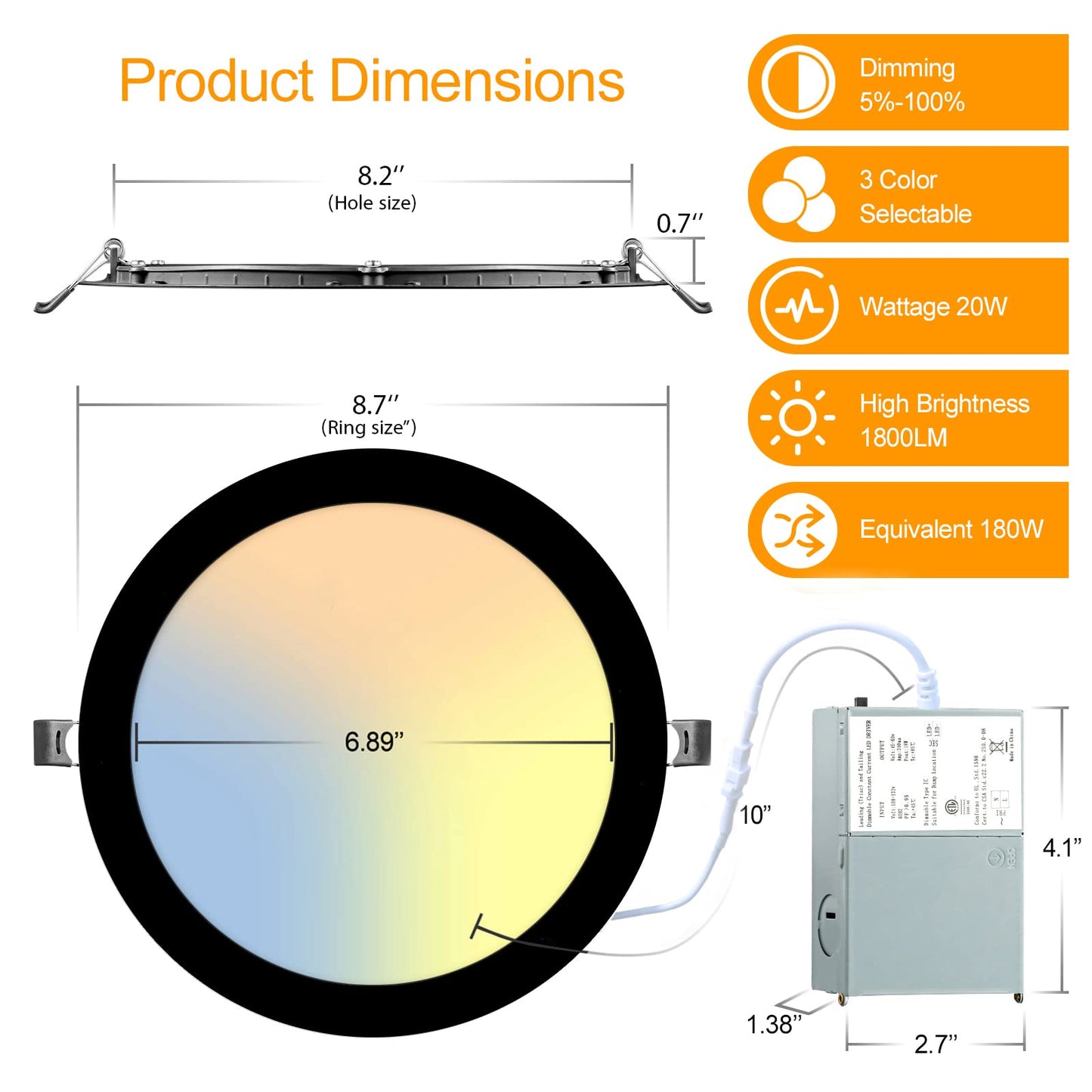 LZHOME 6 Pack 8 Inch LED Recessed Lighting with Junction Box Ultra-Thin, 3000K/4500K/6000K Selectable, 8" Dimmable Canless LED Downlight, 1800LM CRI80 High Brightness 5%-100% Recessed Light (Black)