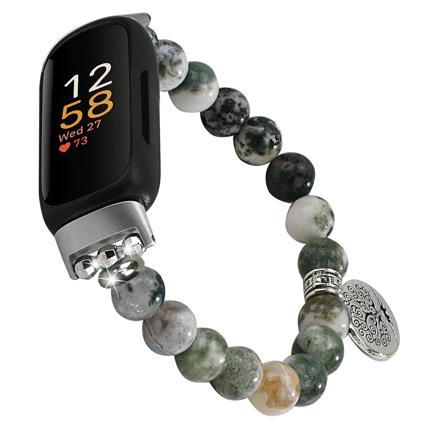 Wongeto Compatible with Fitbit inspire 3 Band Natural Gemstone Beaded Handmade Elastic Stretch Bracelet Tree of Life for fitbit insprie 3 Women (Vertical Agate)