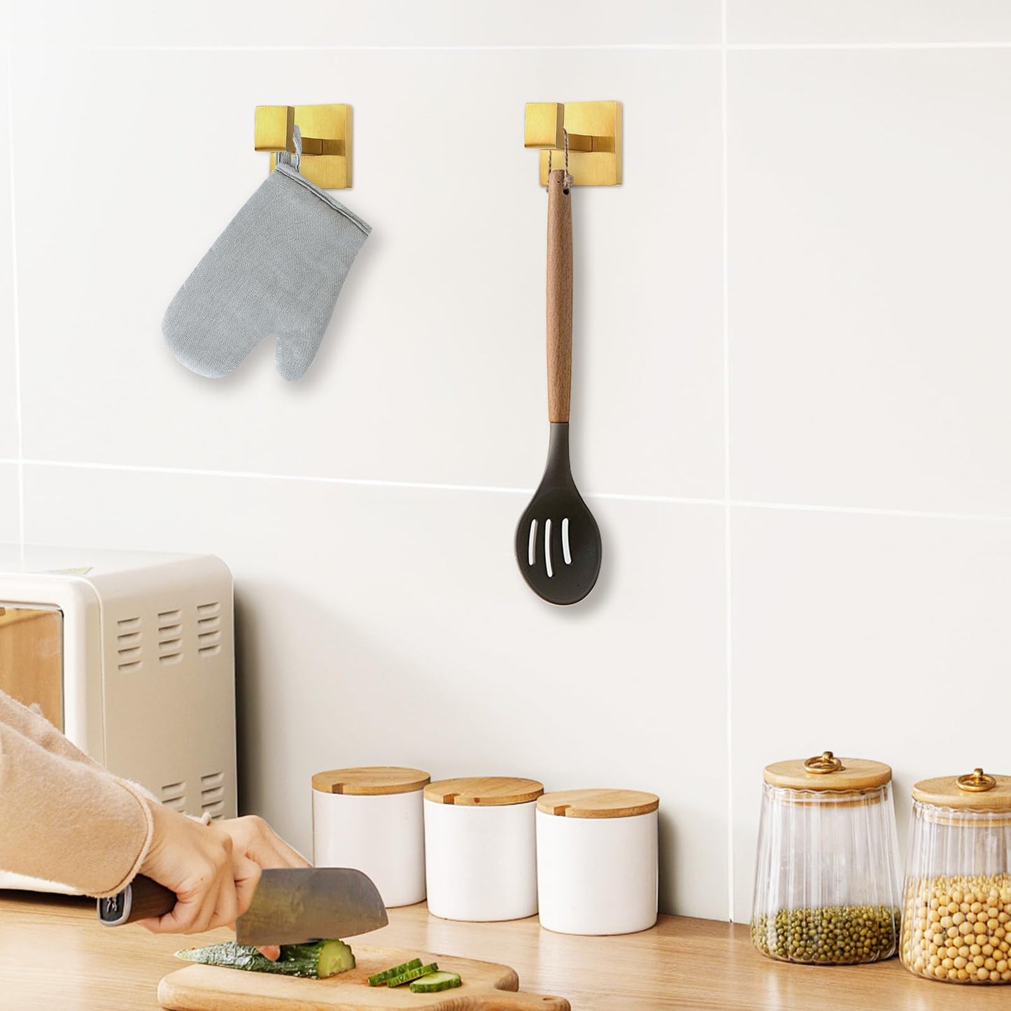 IBosins 2-Pack Towel Hooks Hand Towel Holder for Bathroom Wall Livingroom Bedroom Kitchen Closet Heavy Duty Stainless Steel Hook Hanger for Robe, Bath Towel, Coat (Square Brushed Gold)