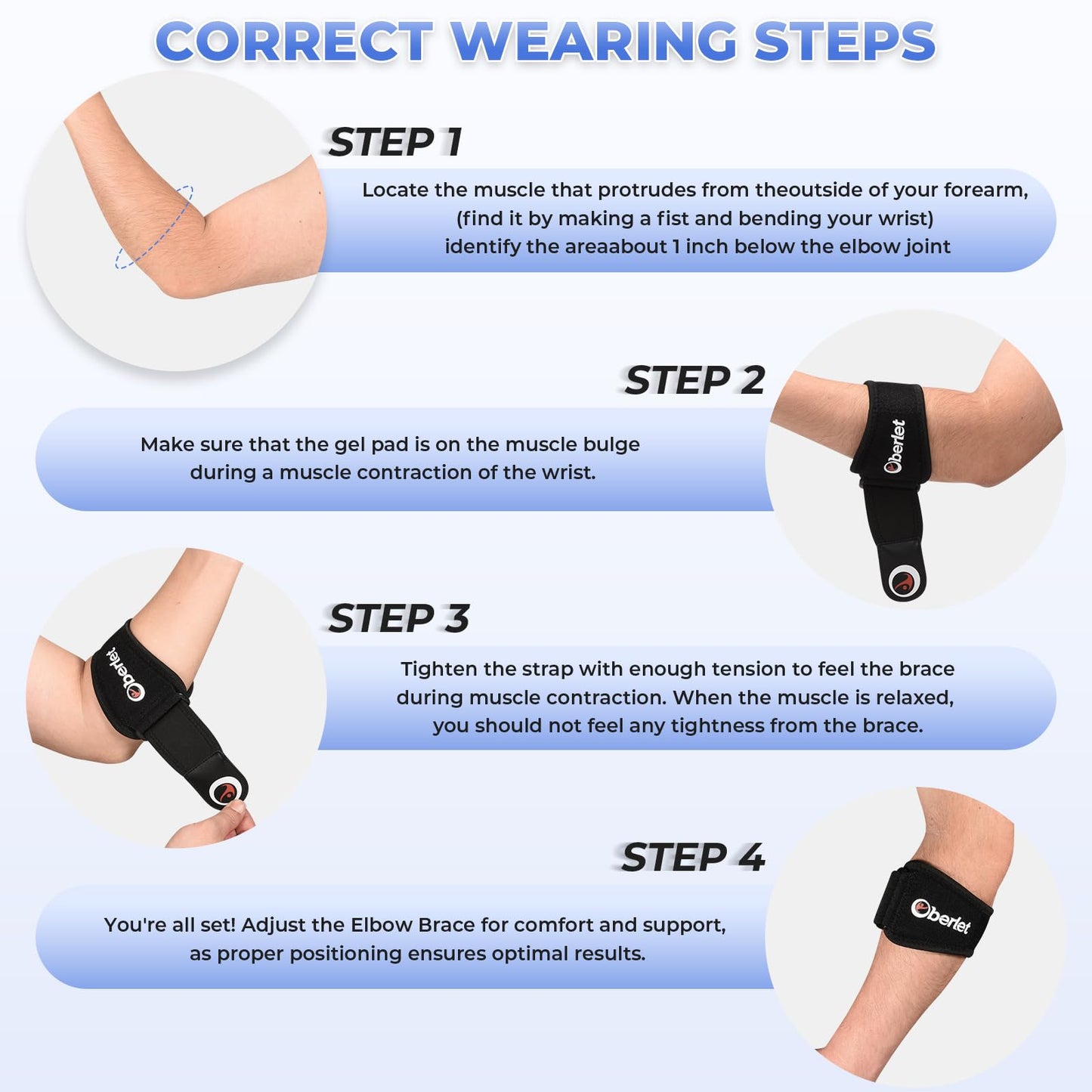 Oberlet Tennis & Golfer's Elbow Brace Strap for Men Women, Black 1 Pack