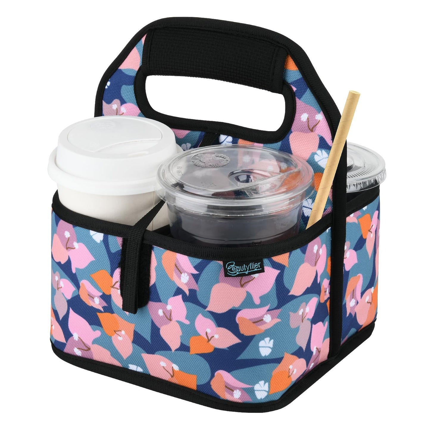 Beautyflier Reusable Insulated Coffee Cup Carrier, Portable Drink Holder with Handle Organizer Tote Bag for Hot & Cold Drinks (Bougainvillea)