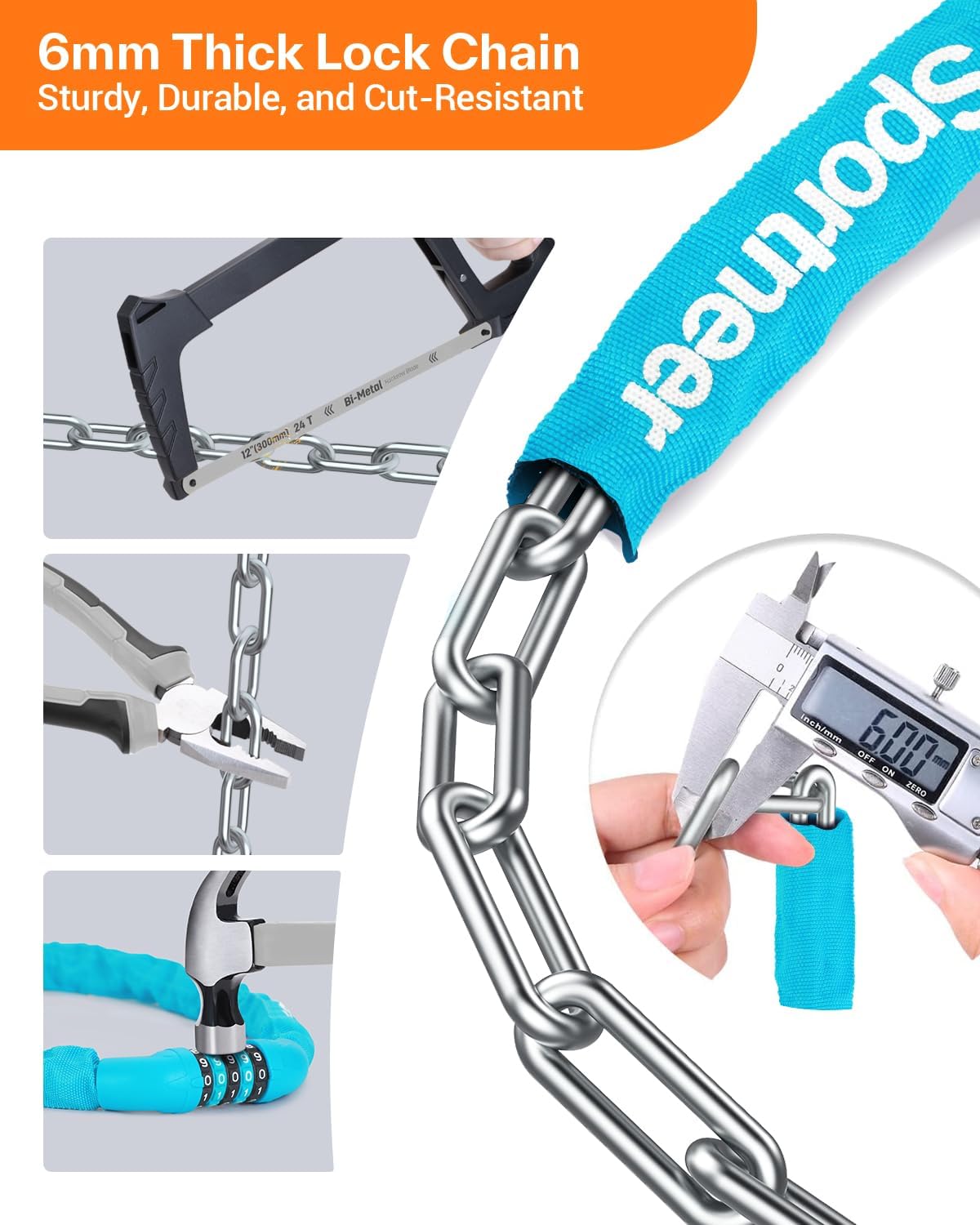 Sportneer Bike Lock - High Security 5-Digit Combination Chain Lock | 3.2/3.6/4ft Heavy Duty Keyless Design, 4/6mm Thick