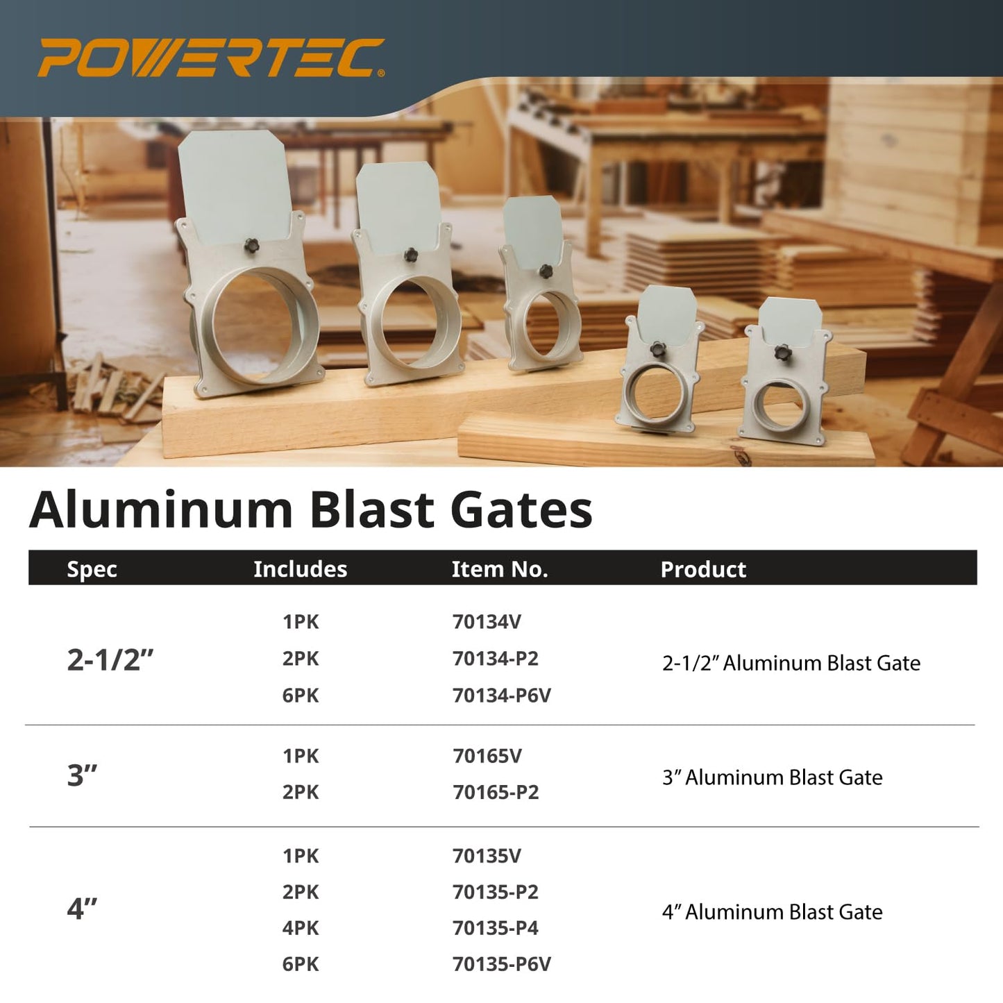 POWERTEC 70135-P6V 4-Inch Blast Gate for Dust Collector, Dust Collection Fittings, 6 PK