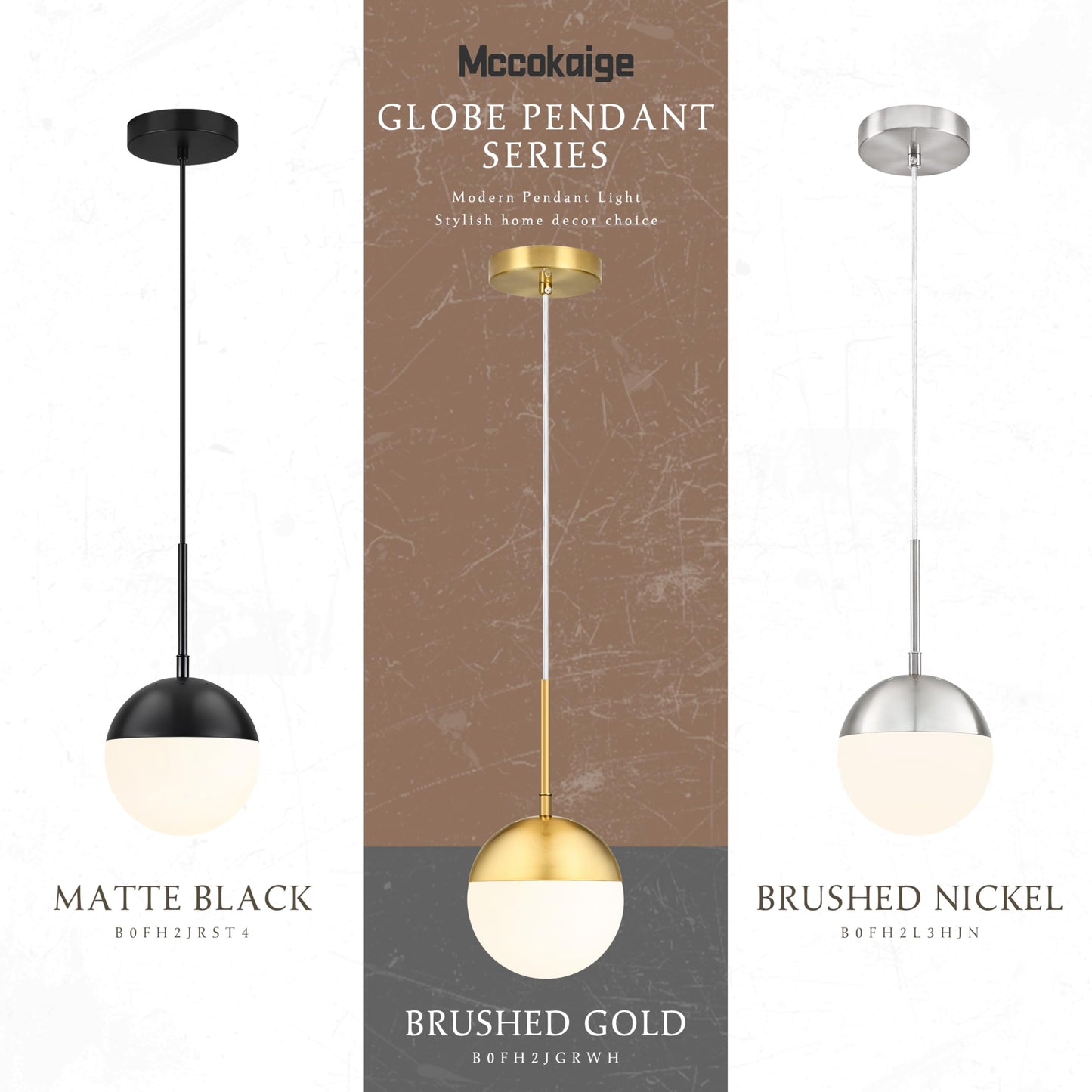 Mccokaige 6 Inch Nickel 2 Pack Mid Century Modern Pendant Light Pendants for Kitchen Island Frosted Milky White Glass Globe Height-Adjustable Modern Hanging Globe Pendant Light for Bedroom (Bulb Incl)