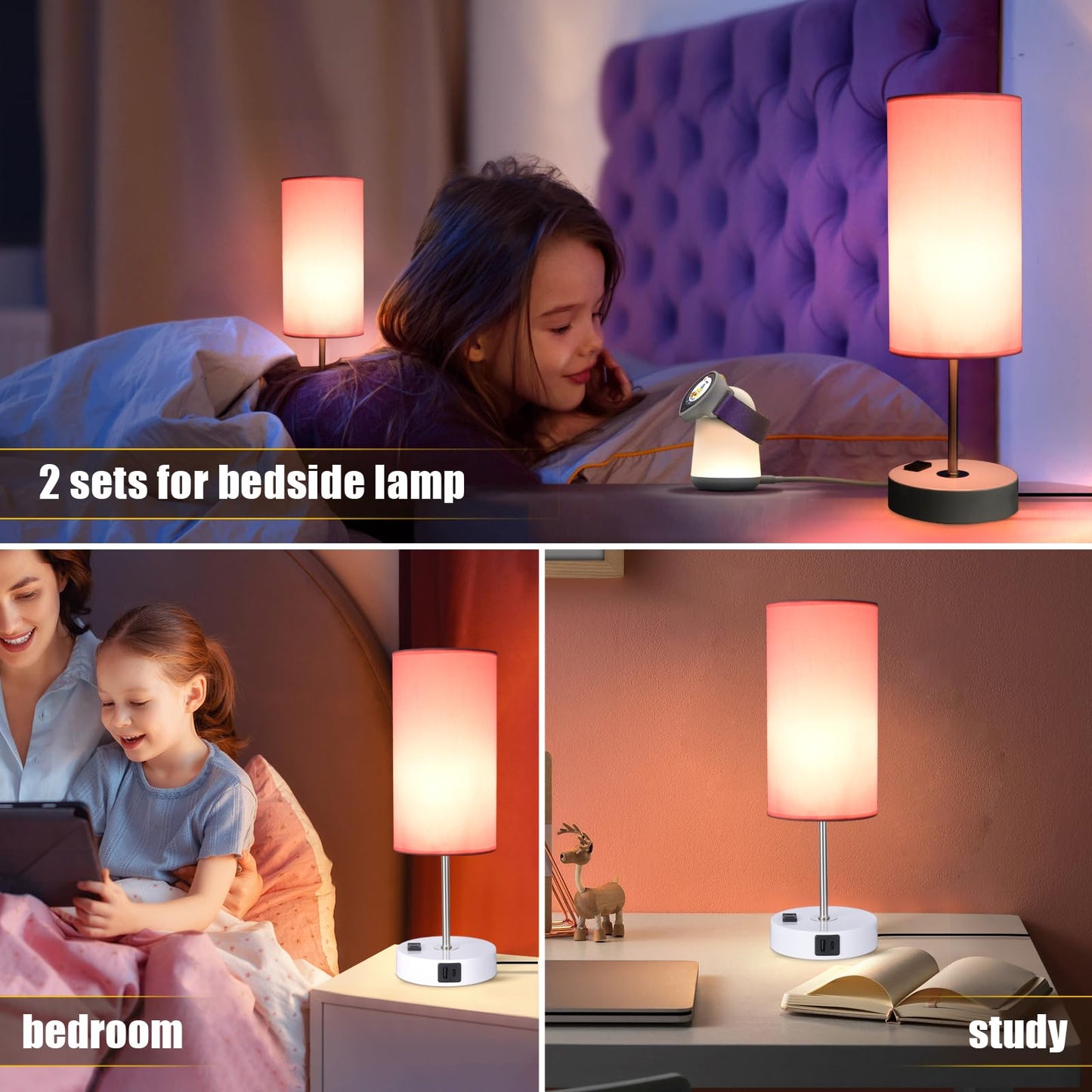 Gugsey Table Lamp with USB Port - Desk Lamp Touch Lamp Bedside Lamps for Bedroom, 3 Way Dimmable Small Lamps for Living Room, Nightstand, Nursery, Dorm, Home, Office, White Base+ Pink Lampshade