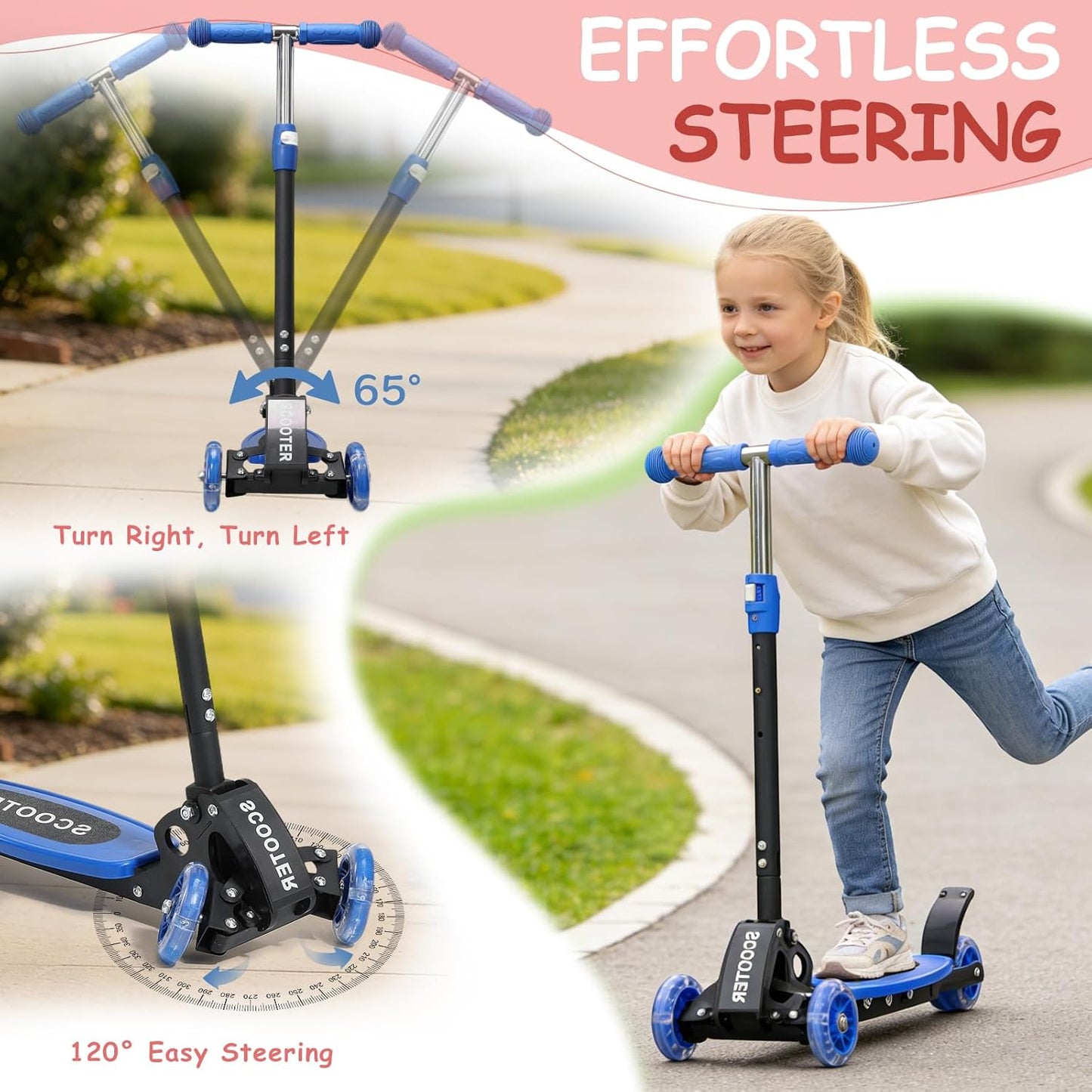 Skiennix Toddler Scooter - 3-Wheel LED Lighted Design | Adjustable Handlebar for Kids 2-7, Blue