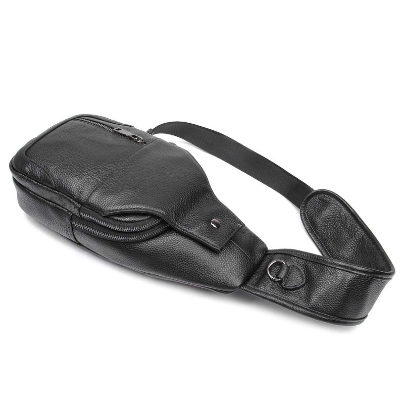 Polare Cowhide Leather Waterproof Casual Daypack Anti Theft Sling Shoulder Chest Crossbody Bag For Men (Black-Small)