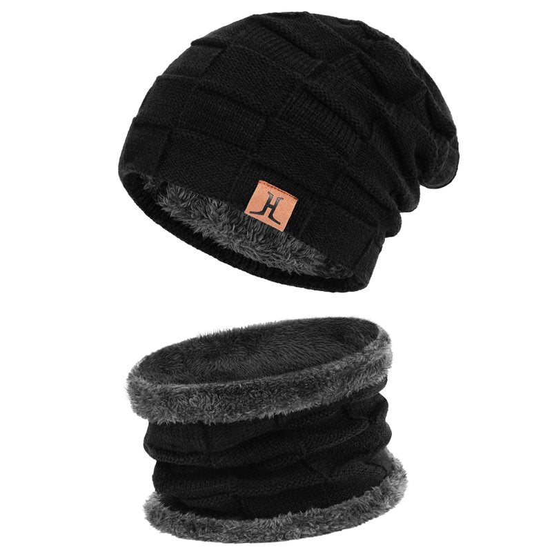 Mens Winter Beanie Hats Scarf Set Warm Knit Skull Cap Neck Warmer with Fleece Lined Winter Hat for Women Pure Black