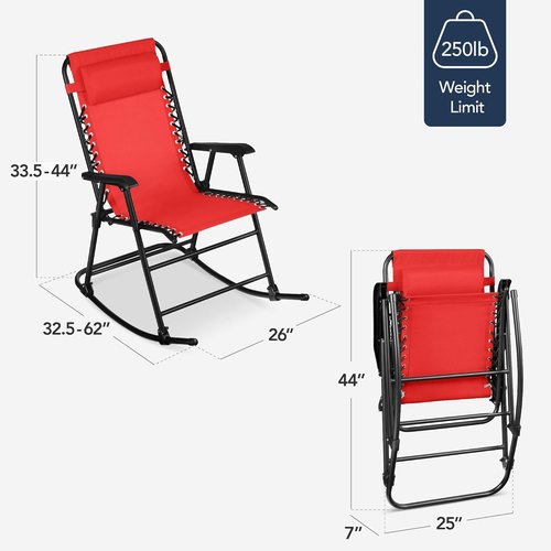 Best Choice Products Zero Gravity Rocking Chair - Folding Reclining Patio Lounge with Adjustable Pillow | Crimson Red