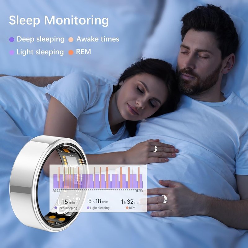 Ring Health Tracker for Women Men, Fit Ring with Heart Rate, Blood Oxygen, Sleep Monitor, Calories, Step Counter, IP68 Waterproof Smart Ring for iPhone & Android, No Subscription Fee (Silver, 12#)