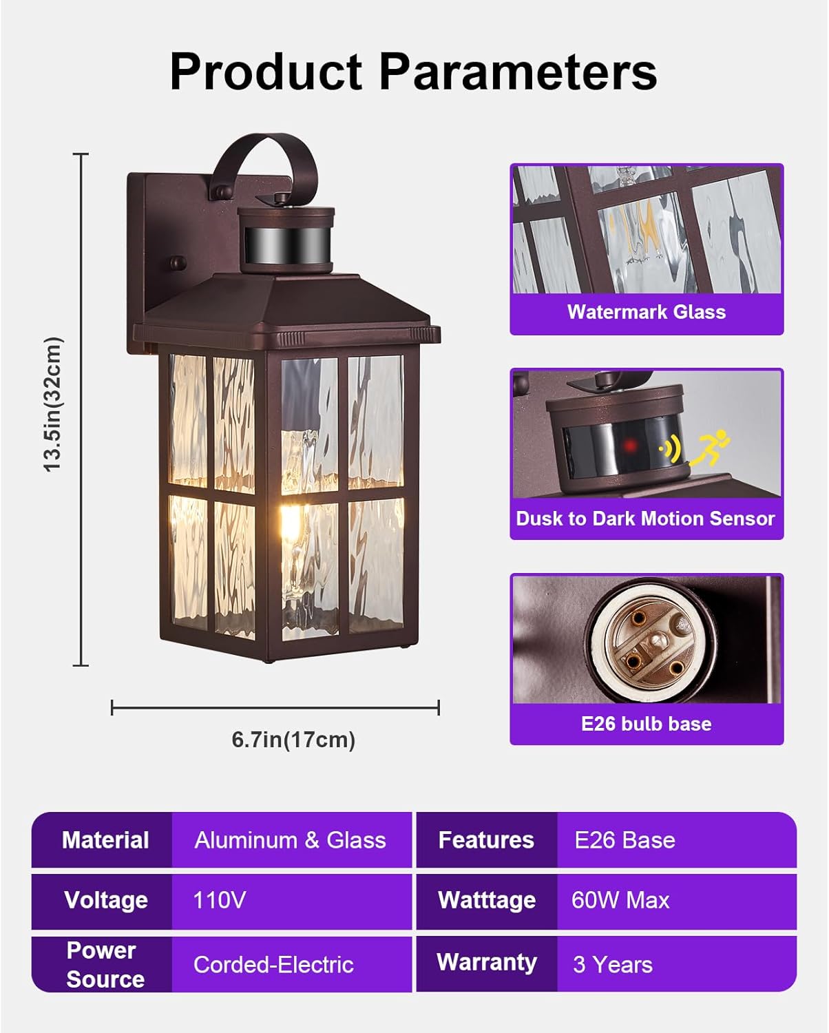 Motion Sensor Outdoor Wall Light - Dusk to Dawn Black Porch Fixture for Garage & Patio