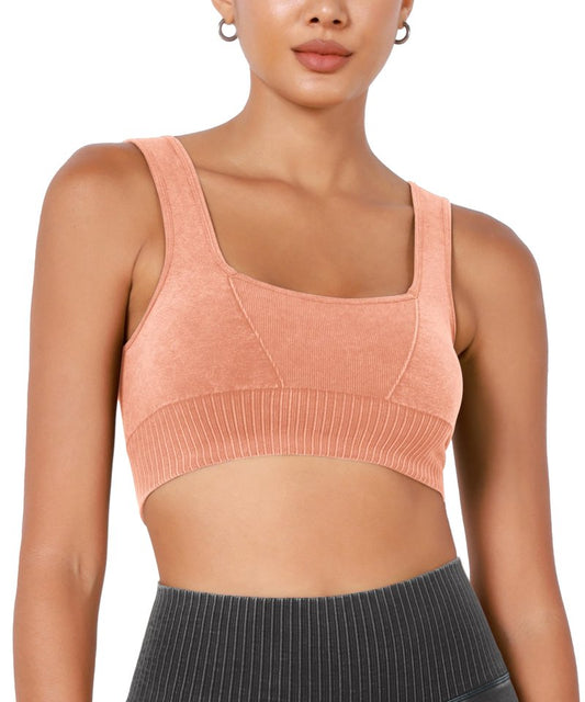 ODODOS Seamless Square Neck Sports Bra for Women Ribbed Crop Tank Casual Low Back Cropped Tops, Stone Washing Orange, X-Large-XX-Large