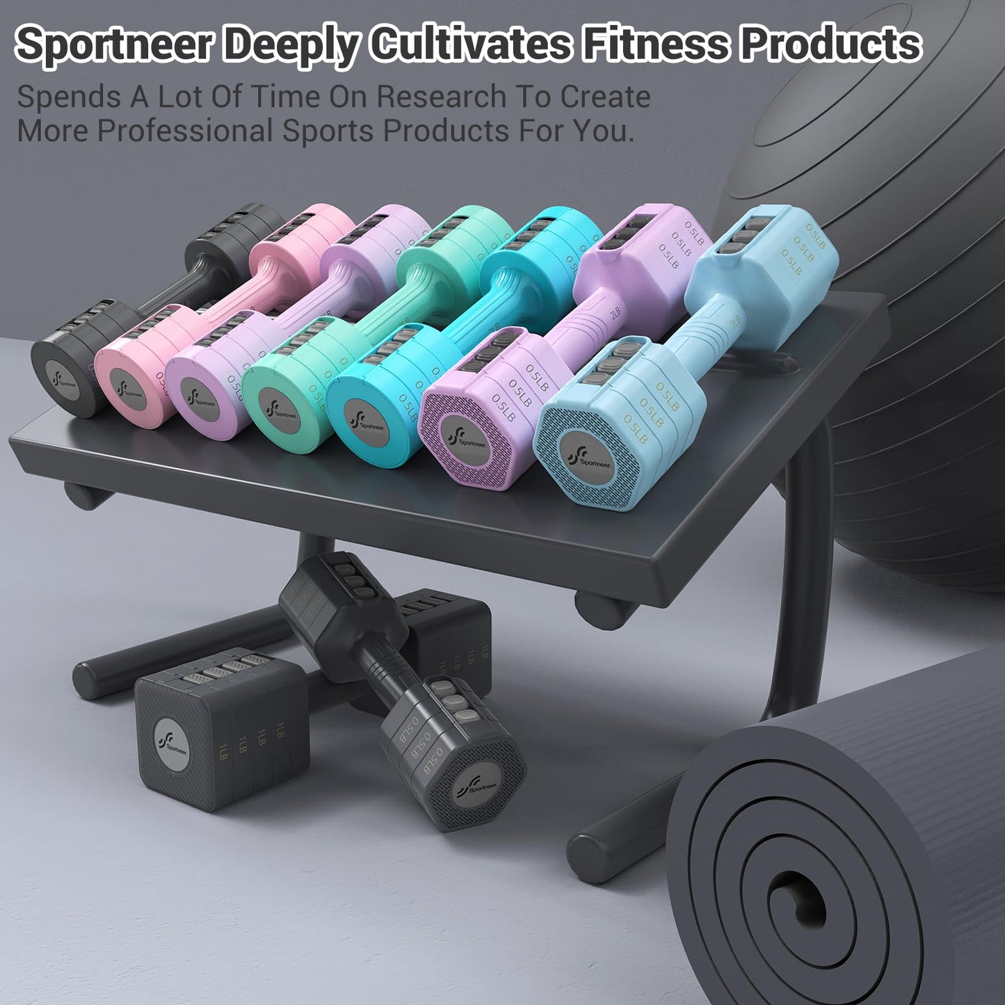 Sportneer - Adjustable Hand Weights Set - 5 lbs dumbbells, 2 pieces each 2 lbs, 3 lbs, 4 lbs, 5 lbs, free weights, quick adjustable dumbbell set for women and