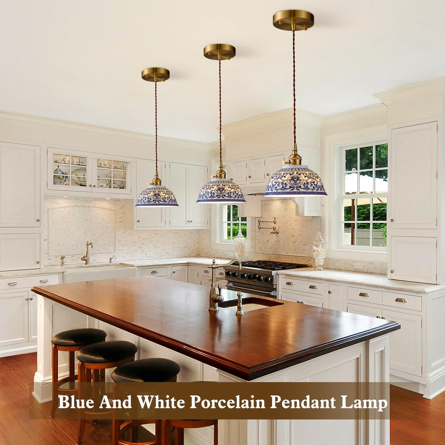 7in Ceramic Pendant Light, Chinese Blue and White Porcelain Pendant Light fixtures, Bedside Light, Hanging lamp for Kitchen Island Light Fixture, Home Bedroom Dining Room Ceiling Hanging Light small