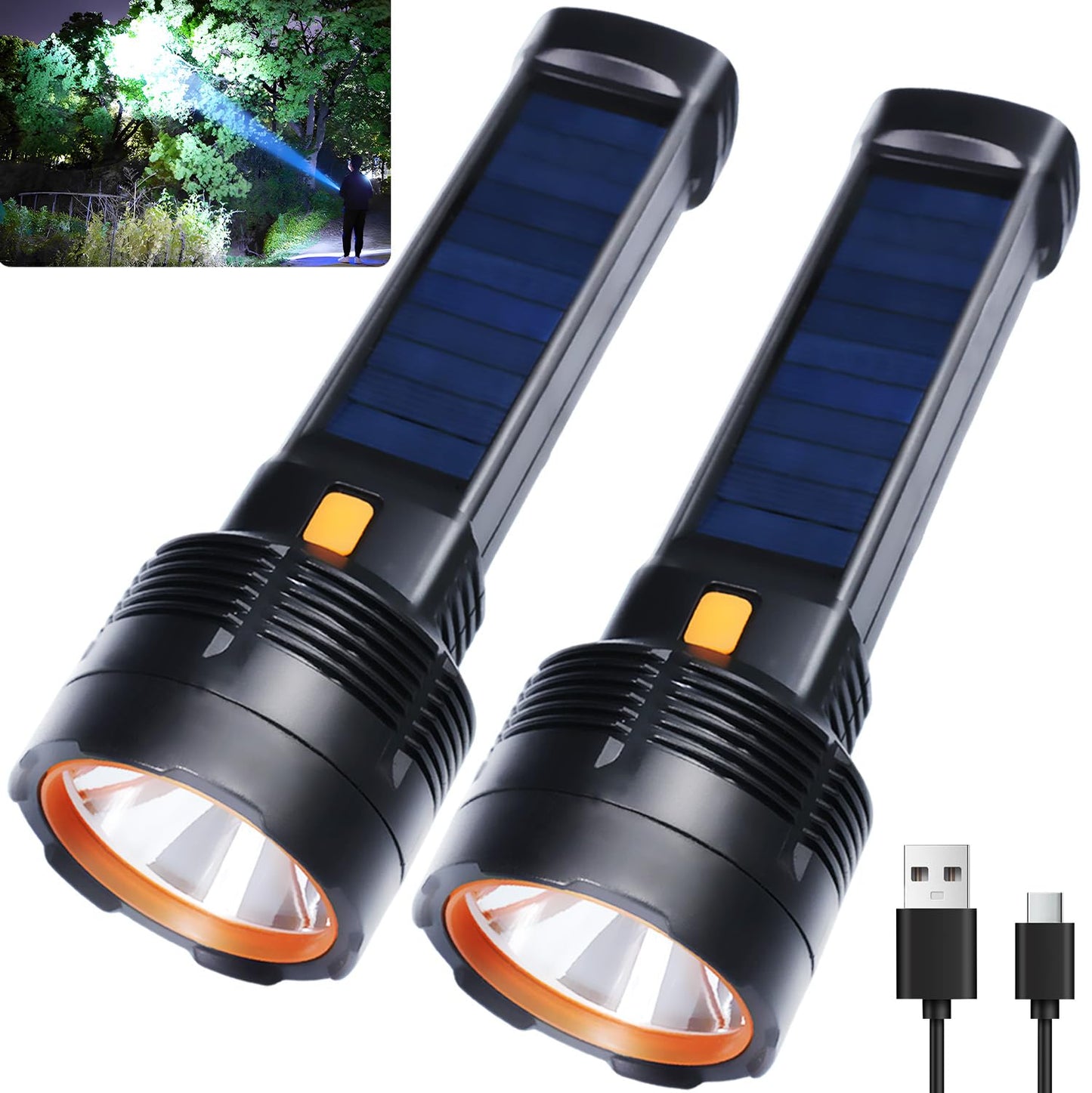 2 Pack LED Rechargeable Flashlight - 100000 Lumens Super Bright Solar Flashlights, Compact & Waterproof Flash Light for Home, Camping,Hiking, Emergencies, Adventures