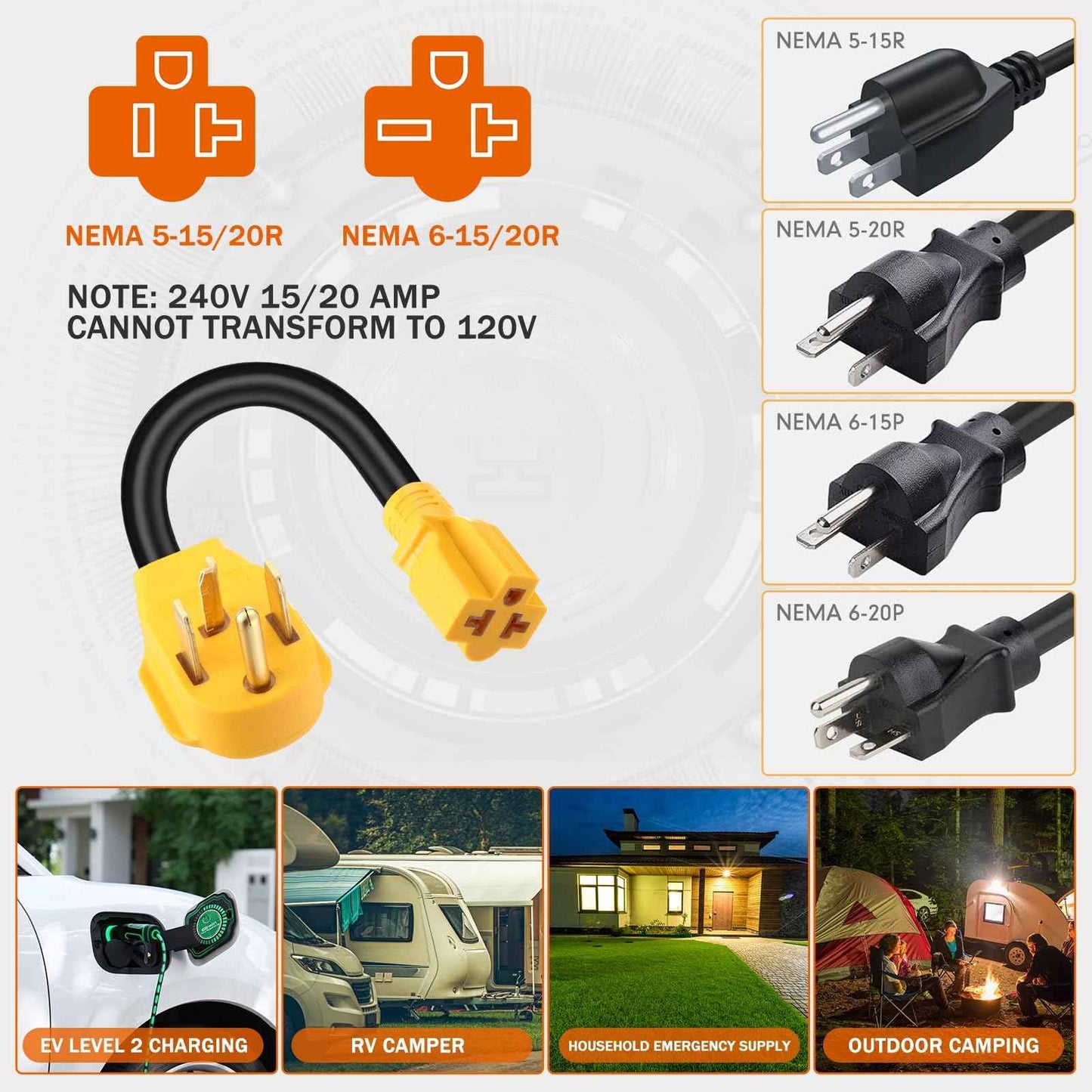 Tellegloww 14-30P to 6-20/15R or 5-20/15R EV Dryer Adapter Cord Compatible with NEMA 30 Amp 4 Prong 240V to 20/15 Amp 3 Prong 240V 6-20/15R or 5-20/15R T Blade for EV Charger HVAC 12 AWG 1FT