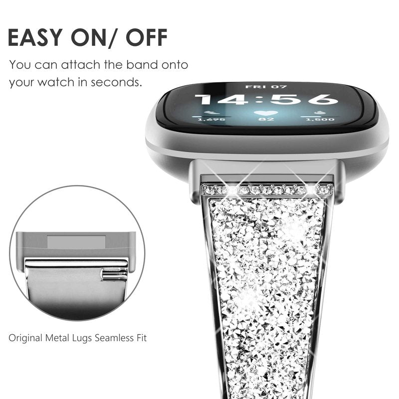 NewWays Compatible with Fitbit Versa 3/ Fitbit Versa 4 Band for Women, Crystal Bling Jewllery Bangle Compatible for Fitbit Versa 3 4 Sense Sense 2, with Stopper Toggle Closure, Silver