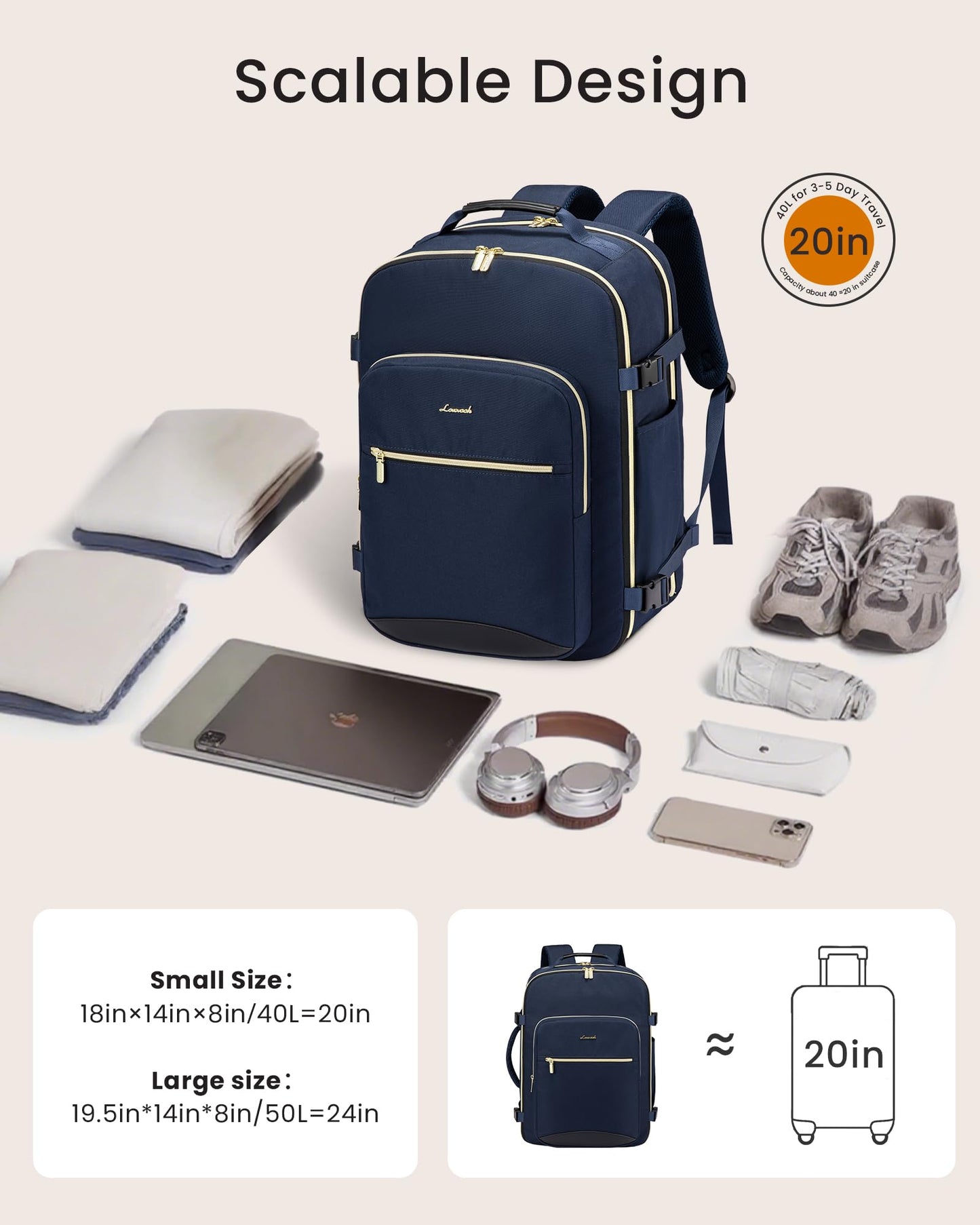 LOVEVOOK 40L Large Travel Backpack for Women Men, 17 Inch Carry on Backpack for Traveling on Airplane, Personal Item Travel Bag Airline Approved, Business Causal Weekender Backpack, Blue-Black