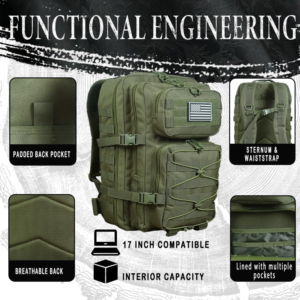 Skiennix Military Tactical Backpack - 3-Day Assault Pack | Molle Bug Out Bag - Black, 38L Capacity