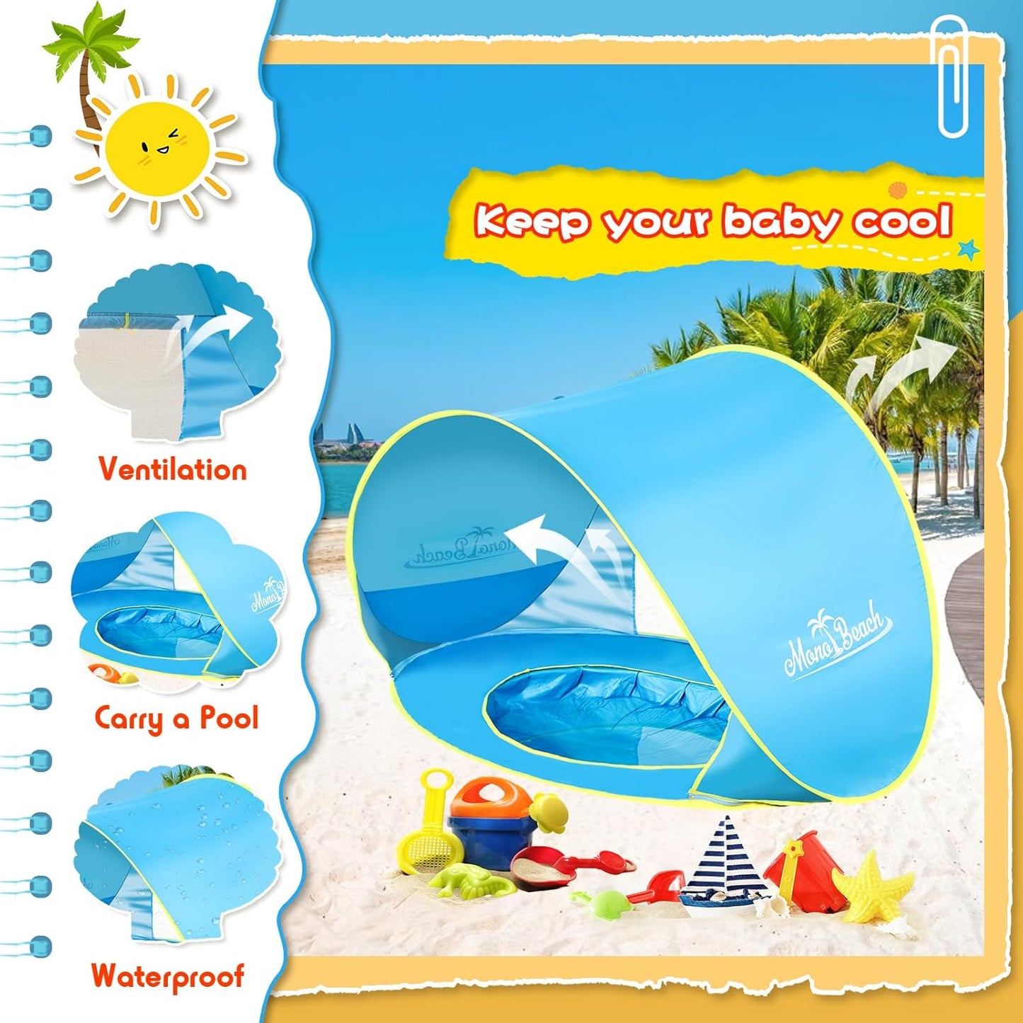 Monobeach Baby Beach Tent - Portable UPF50+ UV Protection Sun Shelter with Sand Toys | Blue