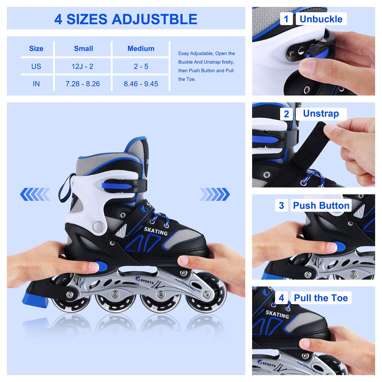 Inline Skates for Kids Girls Boys Beginners, 4 Size Adjustable Size with Light Up Wheels for Children. (Blue, Medium(2-5))