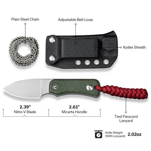CIVIVI Edc Fixed Blade Knife with Kydex Sheath & Belt Loop, 2.39" Nitro-V Blade Small Baby Banter Camping Hiking Knife Designed by Ben Petersen, Lanyard and Chain Included C23045-2 (Green)