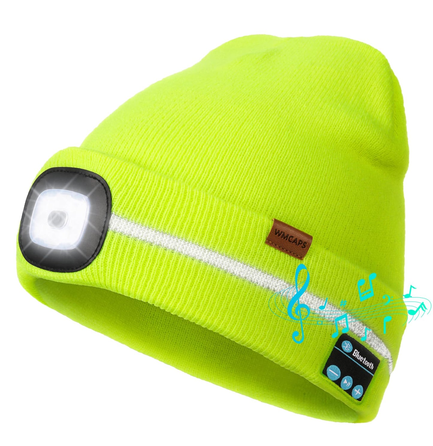 Wmcaps Reflective Stripe Bluetooth Beanie with a Light High Visibility Winter Hat with Light and Speakers Gifts for Men Dad Fluorescent Yellow