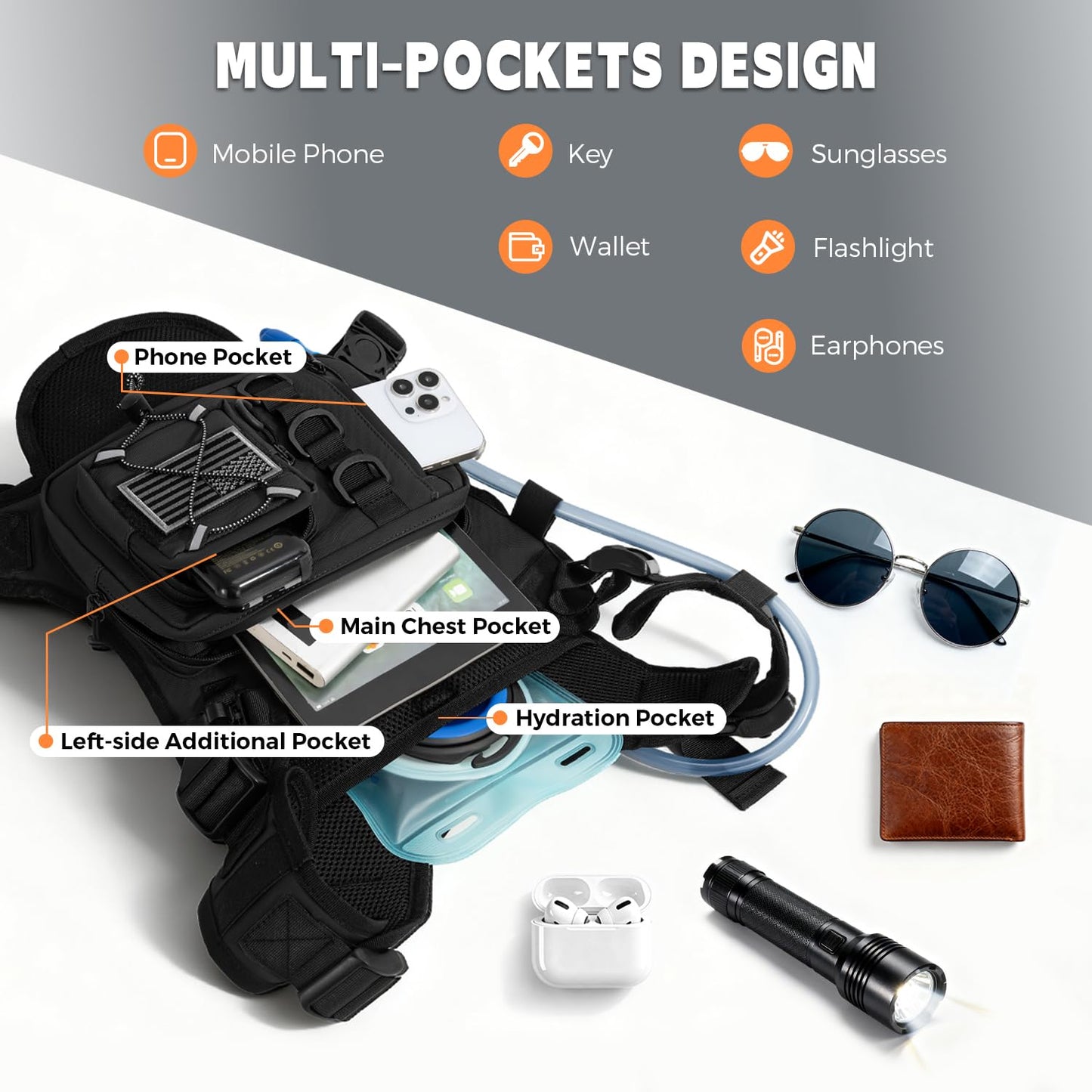 Outdoor Hydration Vest for Running & Hiking, Lightweight Breathable Water Backpack with 2.0L Bladder, Bounce-Free Chest Pack for Marathon, Cycling, Trekking for Men and Women (Black, One Size)