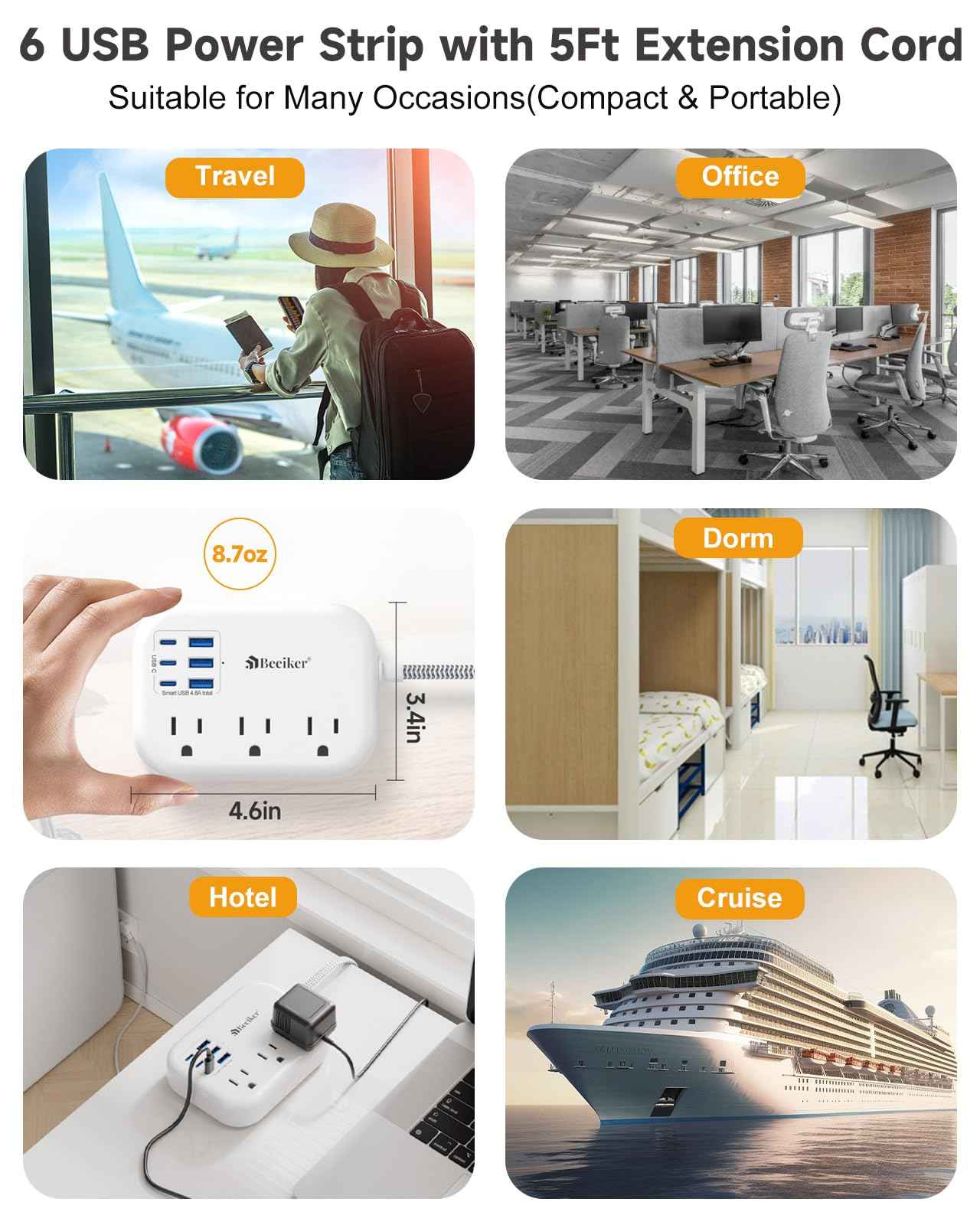 6 USB(3 USB C) Power Strip- Travel Power Strip with 6 USB Desktop Charging Station 24W/4.8A and 3 Outlets, 5Ft Flat Plug Braided Extension Cord, Non Surge Protector for Cruise Ship Travel Office Dorm