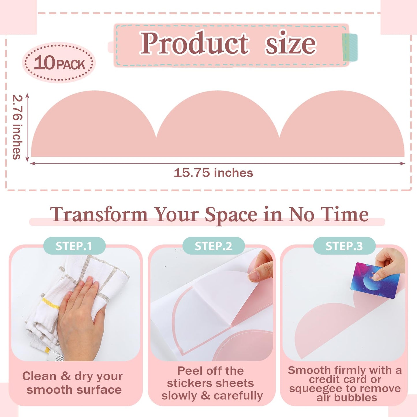 Nuanchu 10 Pcs Pink Peel and Stick Scallop Border Decal Trim 15. 75 Inch Boho Giant Scalloped Edge Wall Sticker Waterproof Vinyl Wall Decals for Kids Girls Bedrooms Playroom Nursery Classroom