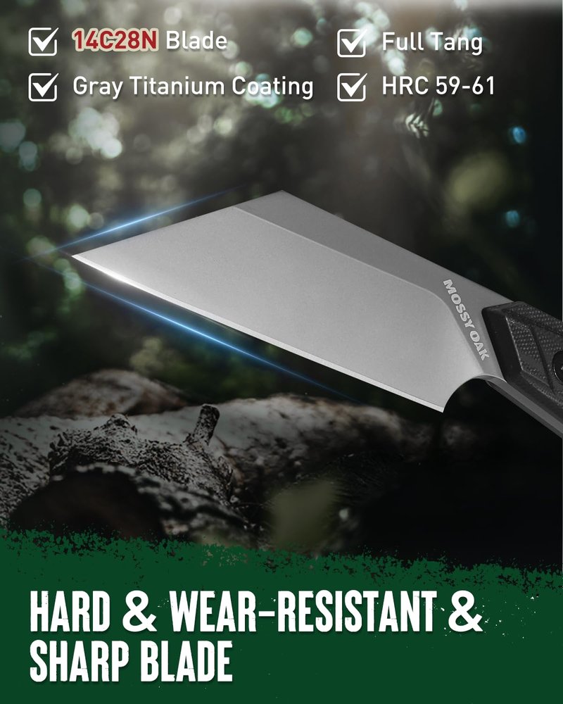 Mossy Oak 7.5 Inch EDC Fixed Blade Knife with Kydex Sheath, 14C28N Full Tang Camping Knife with Emergency Rope, G10 Handle for Survival, Hunting, Camping, Hiking
