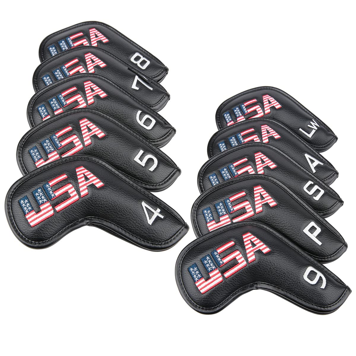 Golf Builder 10pcs/Set Black Leather USA Golf Club Iron Head Covers 4-9,P,S,A,Lw Fit All Brands