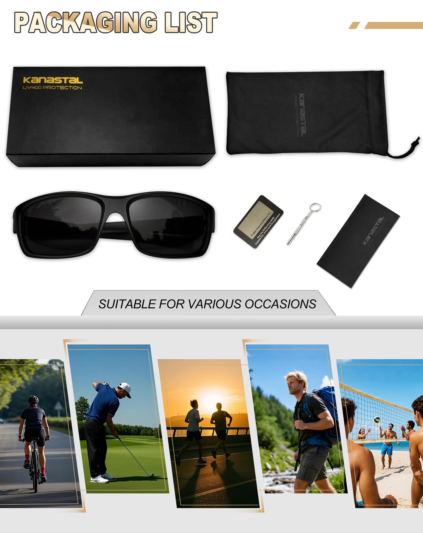 KANASTAL Square Sports Sunglasses Men Women Black Polarized UV Sunglasses