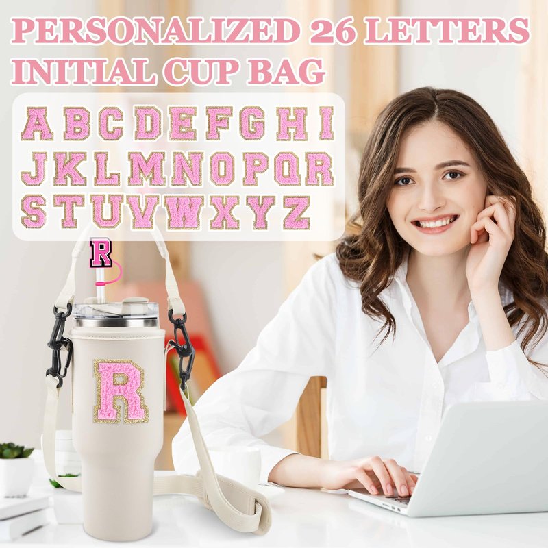 Personalized Initial A-Z Water Bottle Holder Bag for Stanley 40oz Tumbler, Initial Water Bottle Carrier Bag with Strap, 2 Straw Cover Cap &2 Letter Chains for Stanley Cup Accessories(Pink-White E)