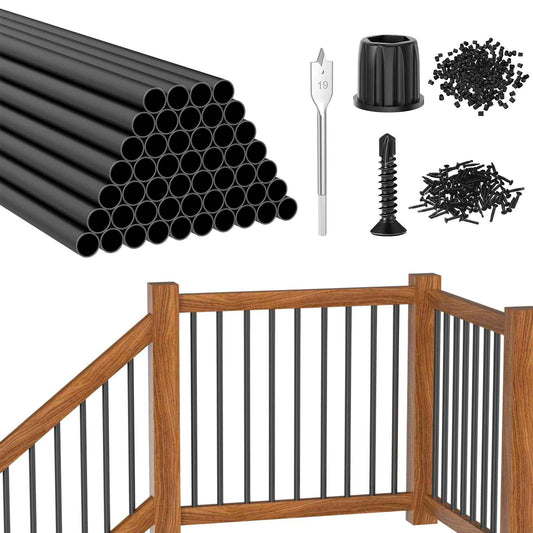 CKE 50 Pack 26" Round Aluminum Deck Balusters, 3/4" Diameter Hollow Round Black Aluminum Balusters for Deck Railing, Metal Deck Baluster Staircase Spindles with Screws/Conector for Railing Fencing R26