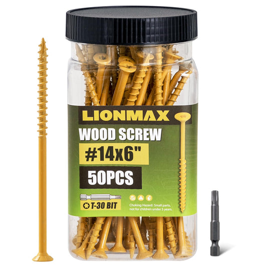 LIONMAX Deck Screws #14 x 6 Inch, 50 PCS, Long Wood Screw, Rust Resistant, Exterior Epoxy Coated for Outdoor Decking, Torx/Star Drive Head, T30 Star Bit Included