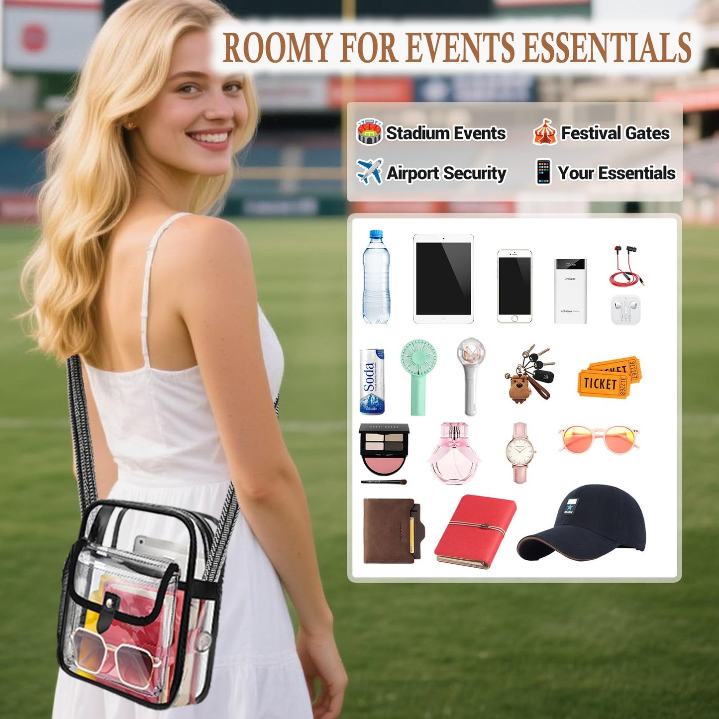 SPODEARS Black Clear Crossbody Bag with Guitar Strap for Stadium, Concert, Festival & More - Adjustable Shoulder Strap & Bottle Holder, Medium