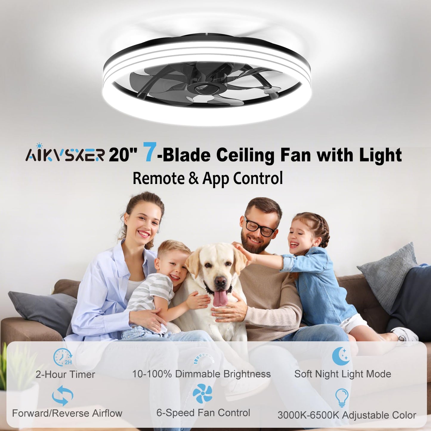 AIKVSXER Ceiling Fan with Light,20" Flush Mount Ceiling Fan,6 Speeds,3000-6500K Dimmable LED, App & Remote Control, Quiet DC Motor, for Bedroom, Living Room Modern Ceiling Fans with Lights(Black)