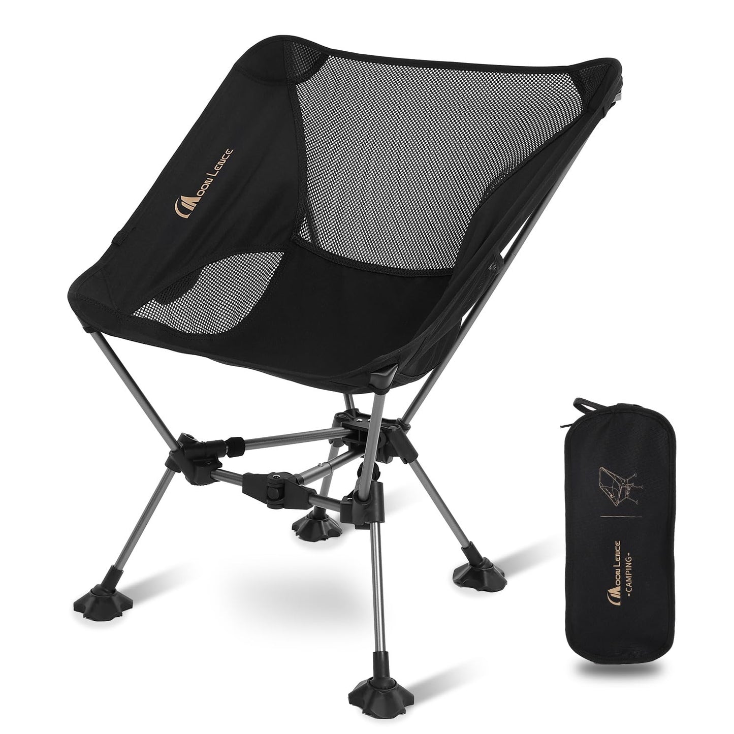 MOON LENCE Portable Camping Chair，Lightweight Backpacking Hiking Chairs,Compact,Foldable,with Anti-Sinking Large Feet for Beach,330 lbs Capacity (Black, Plus)