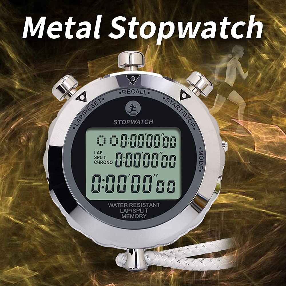 JUNSD Digital Stopwatch, Metal Stop Watch 10 Lap Memory Stopwatch Timer, Water Resistant Stopwatch for Sports, Competitions, Games
