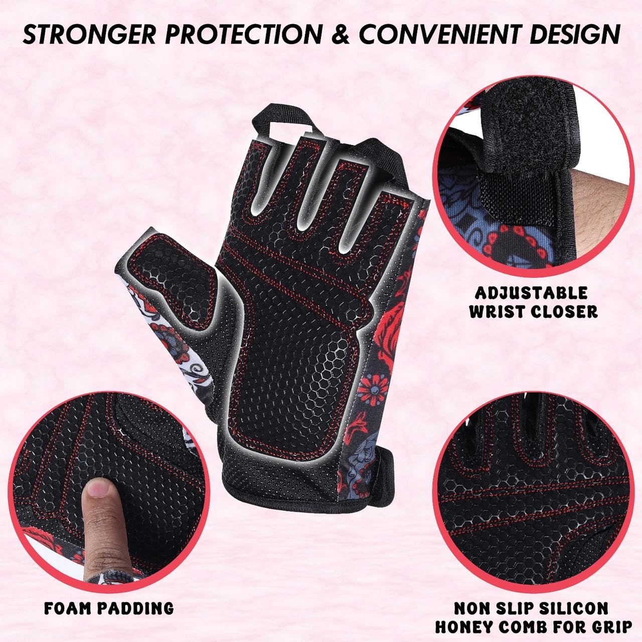 Xtylo Int Workout Gloves for Men & Women Weight Lifting Gloves with Wrist Support, Full Palm Protection, Non-Slip Grip–Gym,Training, Rowing, Cycling, Fitness Sizes S,M,L,XL (Red & Black, Large)