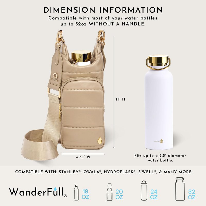 WanderFull® Original HydroBag® Vegan Leather, Fits Up to 32 oz Water Bottle Holder w/ 2 Straps, Hands-Free Crossbody Water Bottle Carrier Bag with Phone Pocket, Tumbler Accessories - Taupe