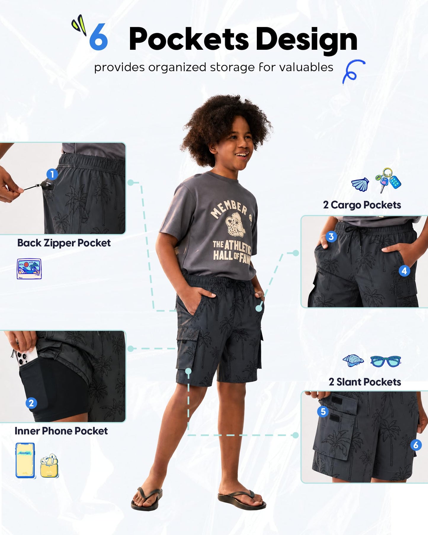 maamgic Boys Swim Trunks with Compression Liner Recycled Cargo Swim Shorts Stretch Teen Boy Bathing Suit with Pockets Gray Coconut 10/12