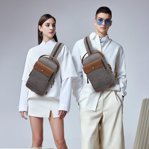 KL928 Canvas Sling Bag for Men Women, Casual Crossbody Backpack Travel Shoulder Daypacks Rucksack, Dark Grey