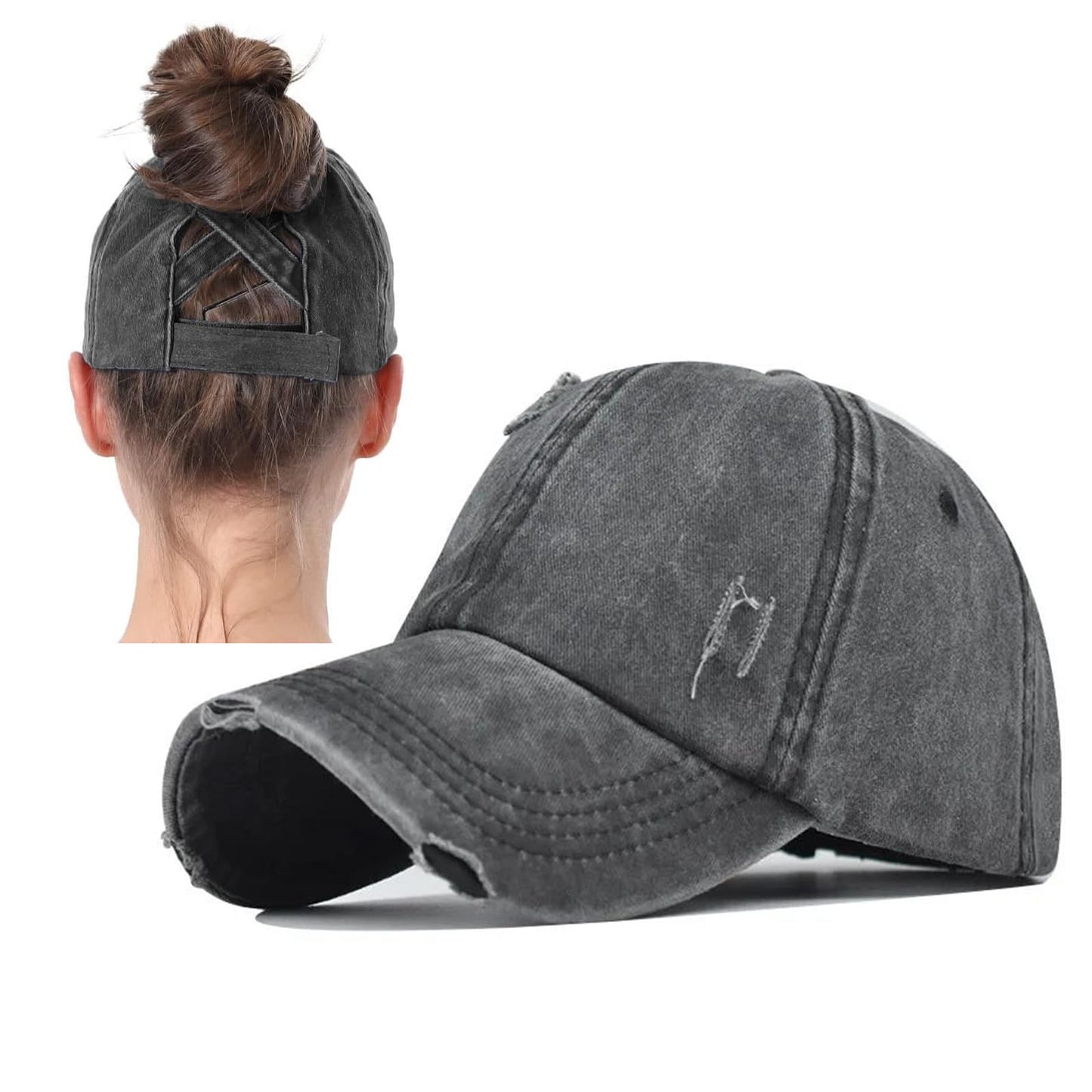 2 Packs Womens Ponytail Criss Cross Hat Baseball Cap Distressed Ponytail Hat High Messy Bun Trucker Ponycap