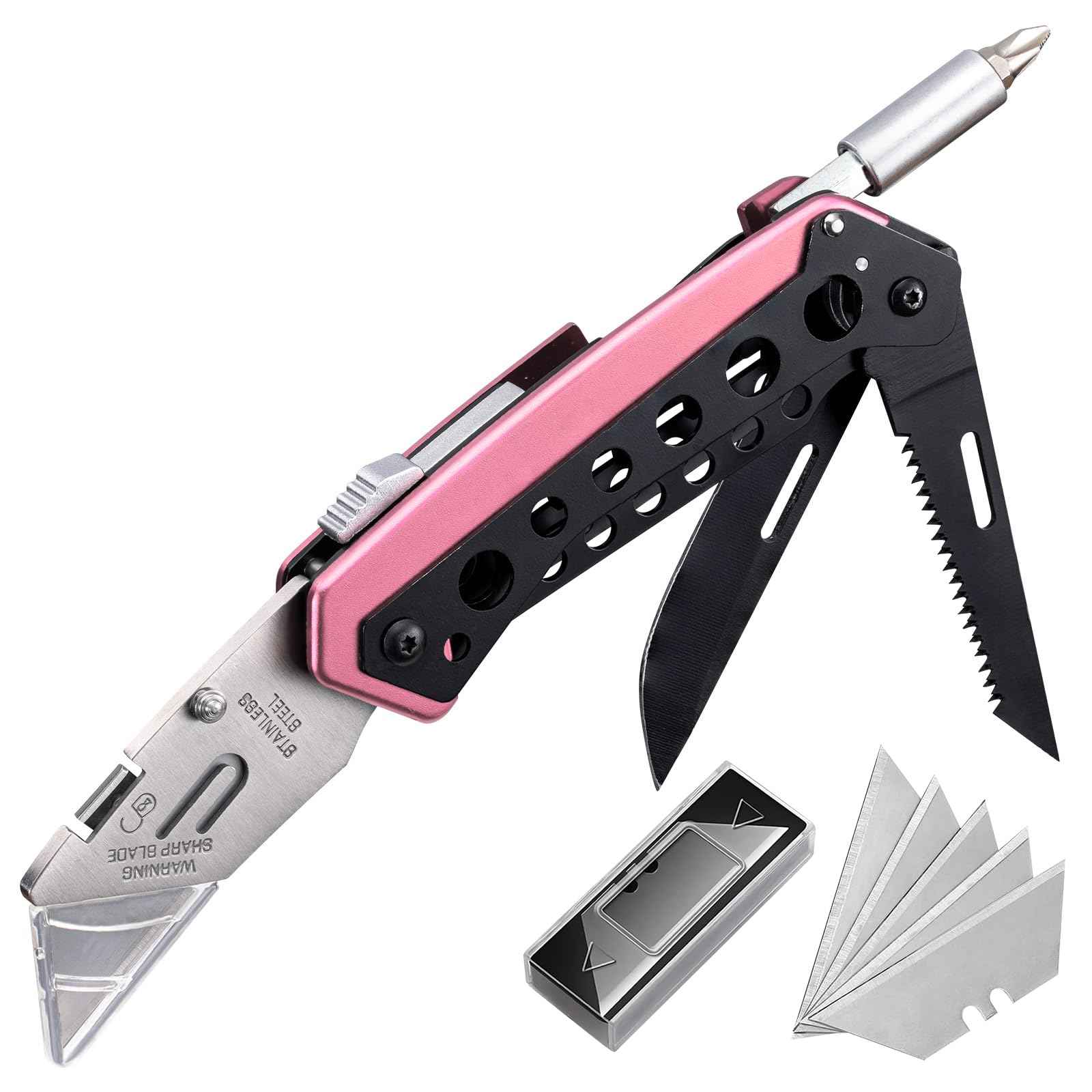 KAMBOLLY Pink Box Cutter Knife, Folding Utility Knife, 6 in 1 Razor Pocket Utility Knives Multitool with Clip, 5 Razor Blades, Screwdriver, Saw, Safe Lock, Work Knives, EDC Gadgets Gifts for Men Women