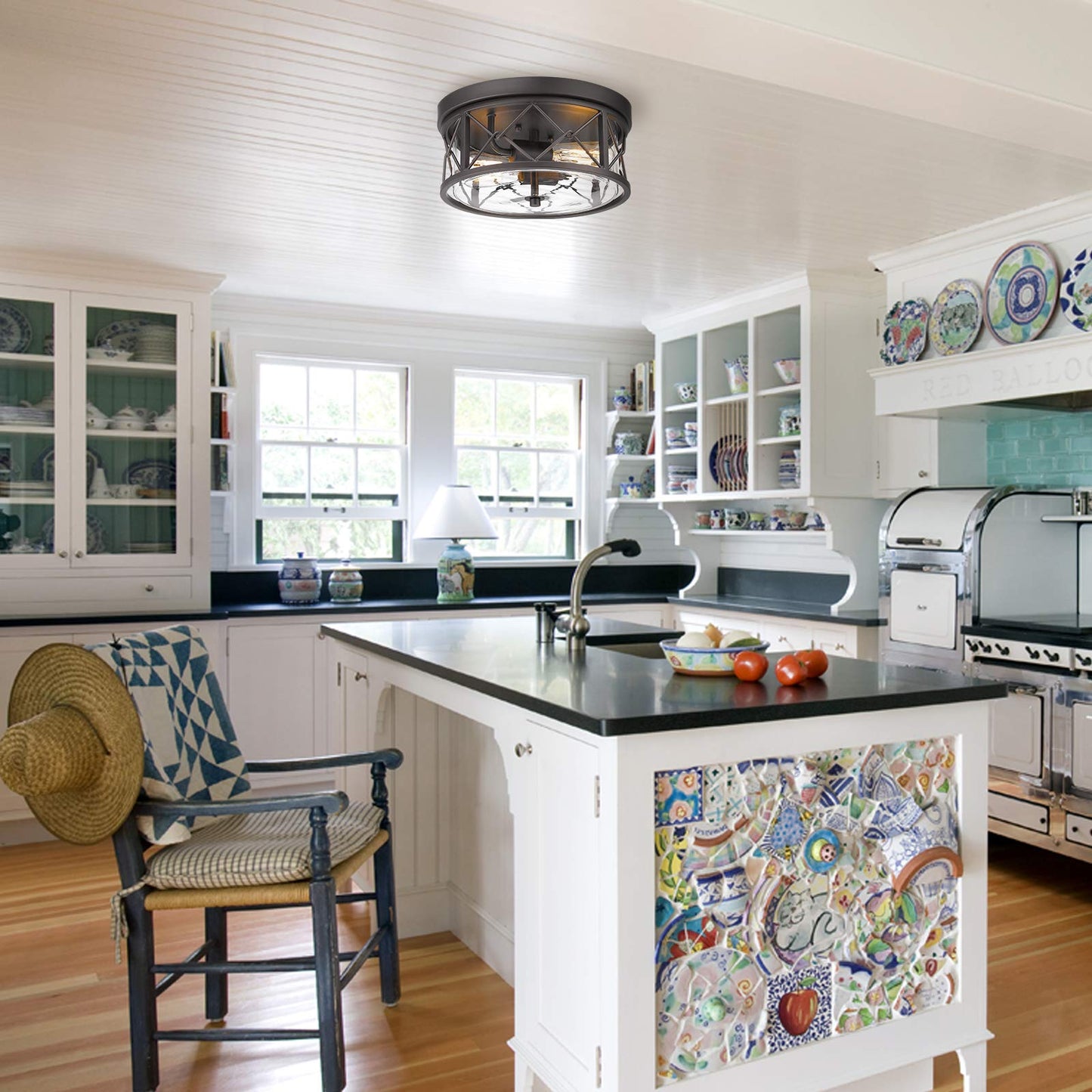 zeyu 2-Light Flush Mount Ceiling Light, 12 Inch Kitchen Light Fixtures Ceiling with Clear Glass Cover, Oil Rubbed Bronze Finish, ZY25-F ORB